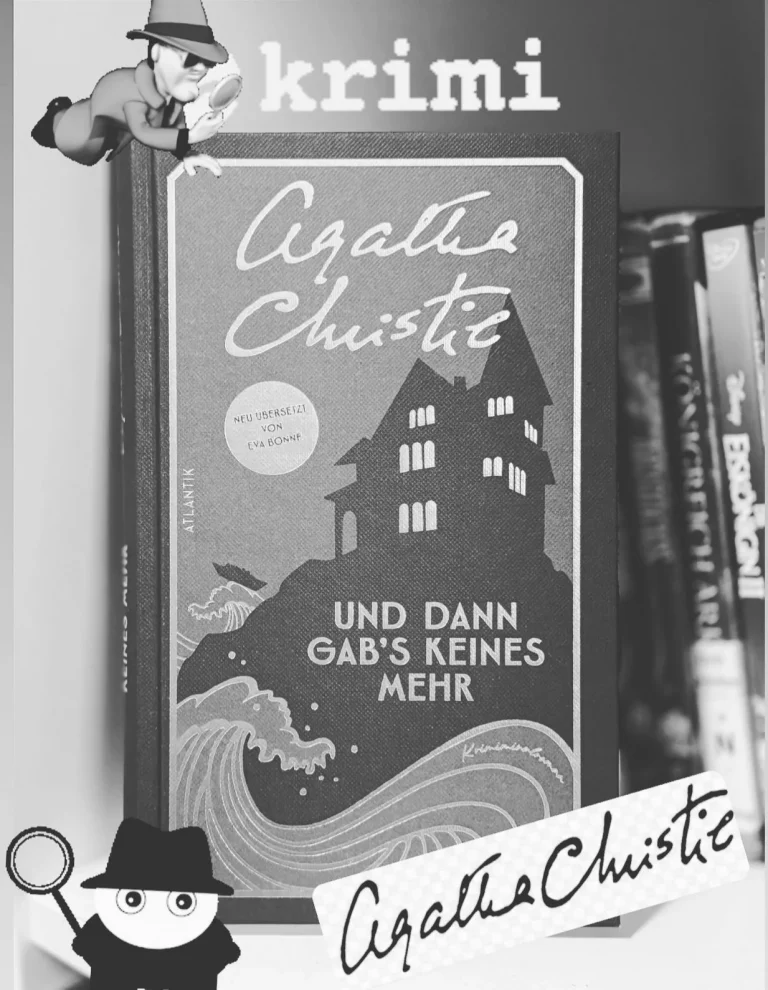 Wellen umströmen die einsame Insel auf der nichts außer der Silhouette eines großen Herrenhaus zu sehen ist. Darüber steht Agatha Christie und darunter der Titel.
