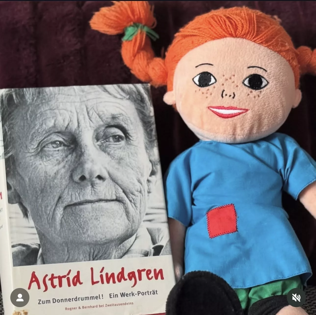Das Buch mit einem Portrait von Astrid Lindgren auf dem Cover steht neben einer Pippi Langstrumpf Puppe.