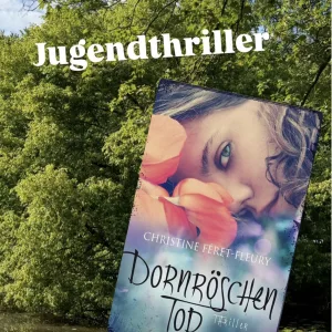 Eine Frau liegt auf dem Boden zwischen Blumen, nur ihr Gesicht ist zu sehen, ihr Blick auf den Leser gerichtet.