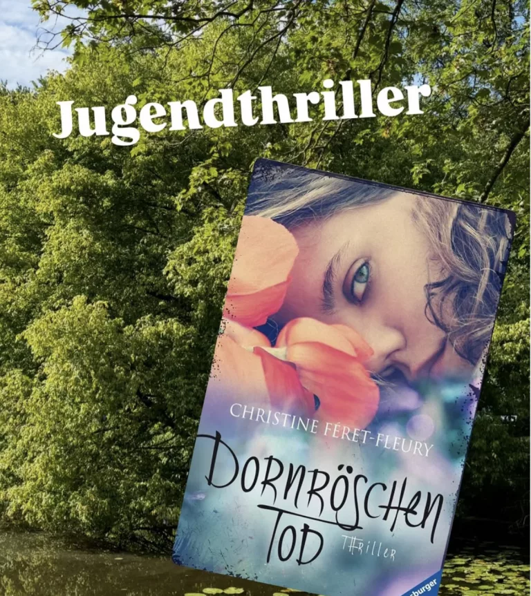 Eine Frau liegt auf dem Boden zwischen Blumen, nur ihr Gesicht ist zu sehen, ihr Blick auf den Leser gerichtet.