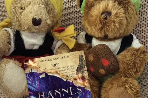 Vor 2 Plüsch-Bären die Hänsel und Gretel darstellen ist das Buch zu sehen. Darauf sind die beiden Hauptcharaktere mit dem Rücken zum Leser in einer neon-lila-pinken Großstadt zu sehen. Von Monika Augustin