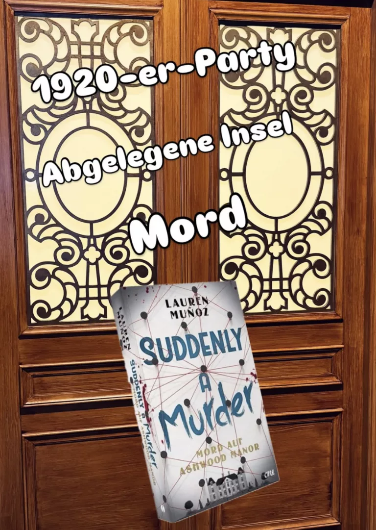 Cover des Krimis „Suddenly A Murder – Mord auf Astwood Manor“ von Lauren Muñoz vor einer kunstvollen Holztür mit Glasornamenten.