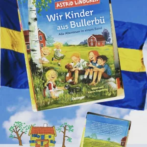 Astrid Lindgrens "Wir Kinder aus Bullerbü" zeigt eine Weise unter blauem Himmel auf der 6 der Kinder im Zeichentrick Stil unter blauem Himmel sitzen.