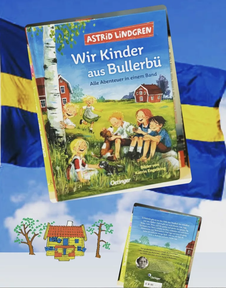 Astrid Lindgrens "Wir Kinder aus Bullerbü" zeigt eine Weise unter blauem Himmel auf der 6 der Kinder im Zeichentrick Stil unter blauem Himmel sitzen.