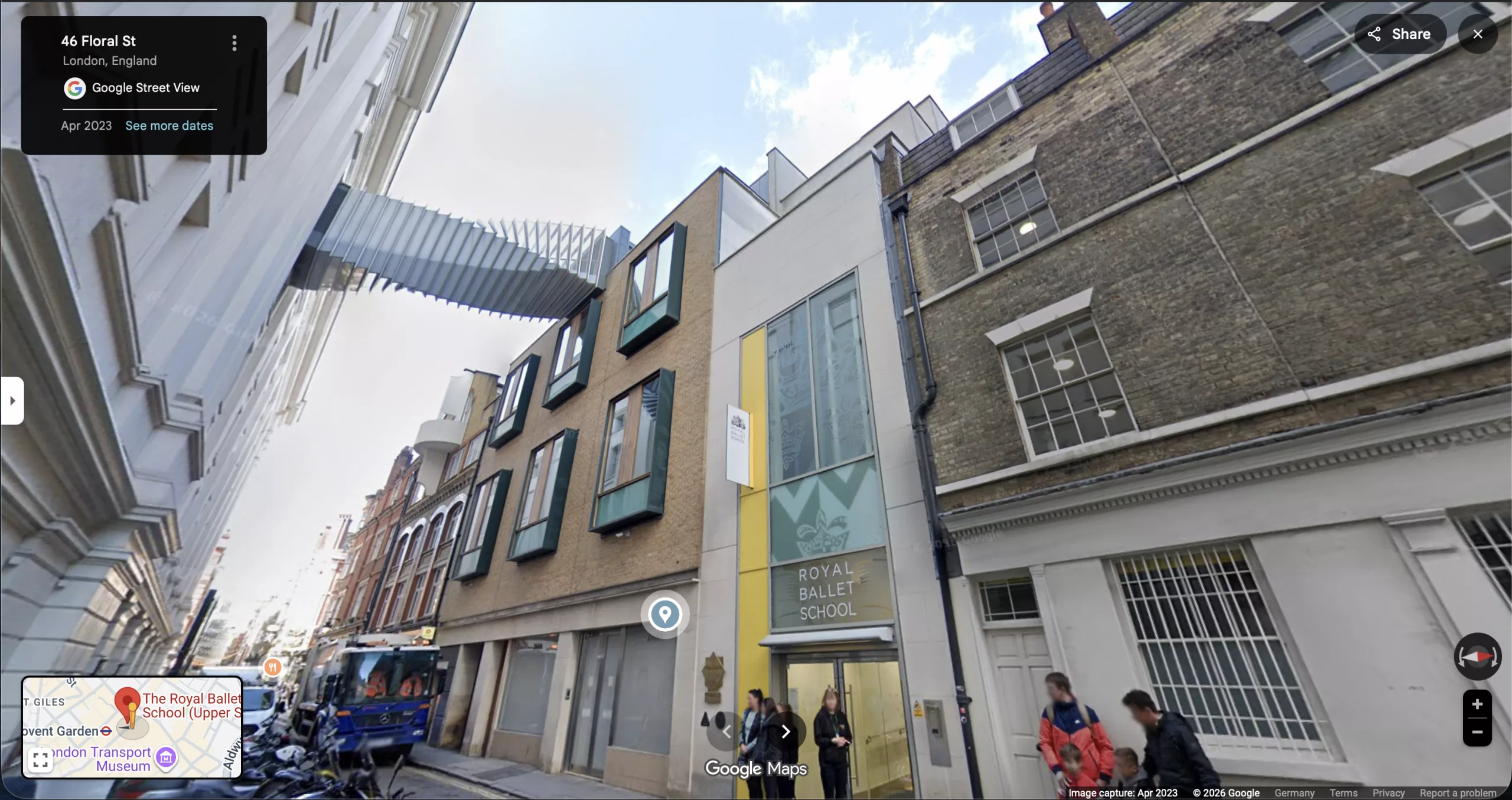 Google Street View Aufnahme der Royal Ballet School, ein klick auf das Bild bringt euch direkt zu Google Maps.