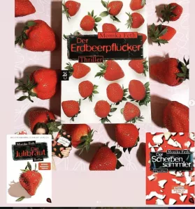 Der Erdbeerpflücker 1 Das Cover von Monika Feths "Der Erdbeerpflücker" ist voller Erdbeeren auf weißen Hintergrund und dem etwa mittig platzierten Buchtitel in roter Schrift auf schwarzem Hintergrund.
