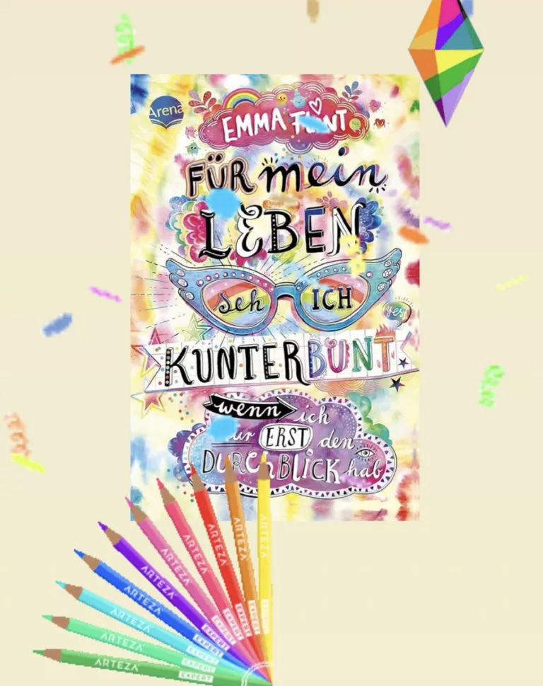 Für mein Leben seh ich kunterbunt 1 Das farbenfrohe Cover des Kinder- und Jugendbuchs ‚Für mein Leben seh ich kunterbunt‘ von Emma Flint. Der Titel ist in verspielten, handgezeichneten Buchstaben auf einem Hintergrund im bunten Aquarell-Stil gestaltet. Im Zentrum ist eine auffällige, blau glitzernde Brille im Retro-Stil abgebildet.