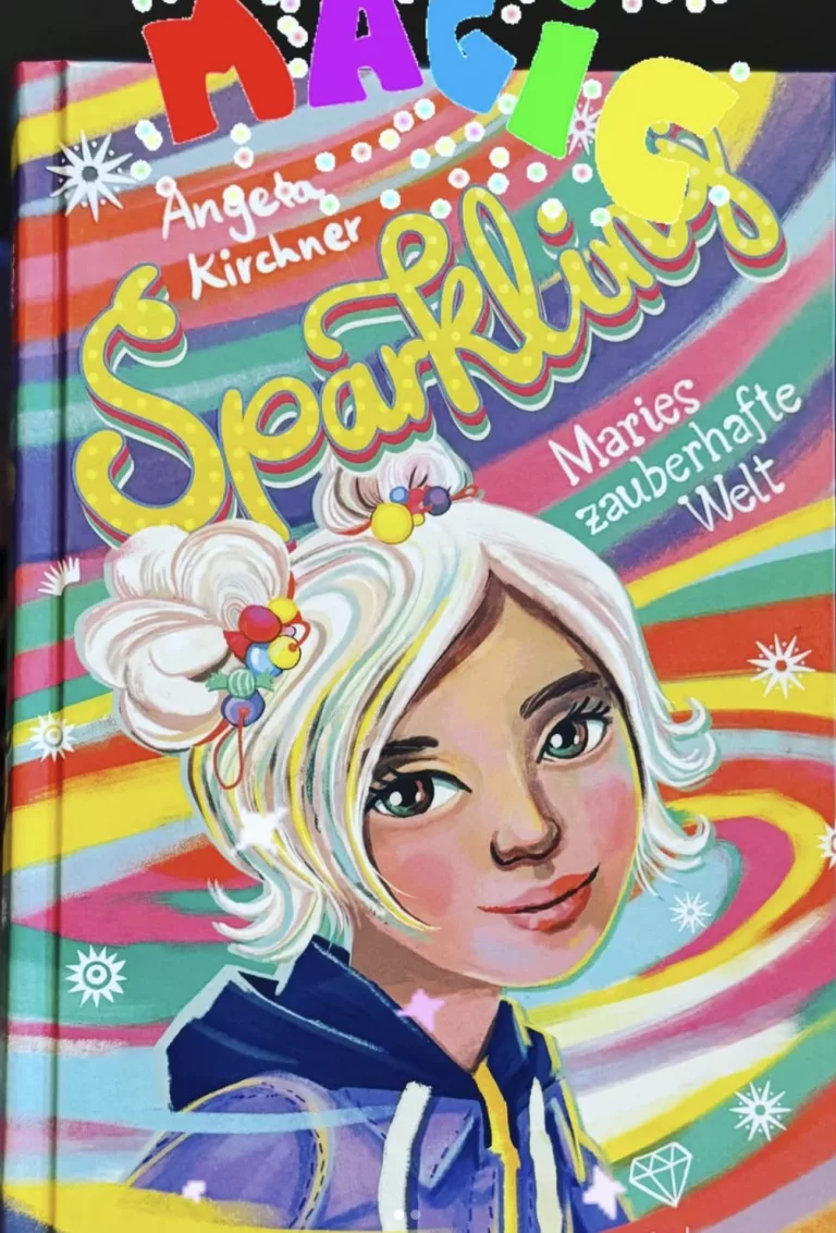 Sparkling - Maries zauberhafte Welt 1 Buchcover von „Sparkling – Maries zauberhafte Welt“ von Angela Kirchner. Ein bunt illustriertes Porträt eines Mädchens mit weiß-blonden Haaren vor einem farbenfrohen, strahlenförmigen Regenbogen-Hintergrund mit Sternen und Diamanten.