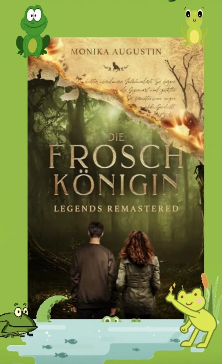 "Die Froschkönigin – Legends Remastered" von Monika Augustin. Das Cover zeigt die Rückenansicht eines Jungen und eines Mädchens in einem nebligen Wald. Im oberen Bereich brennt das Papier eines alten Manuskripts weg und gibt den Blick auf das moderne Design frei. Grüne Frosch-Illustrationen umrahmen das Bild spielerisch.“